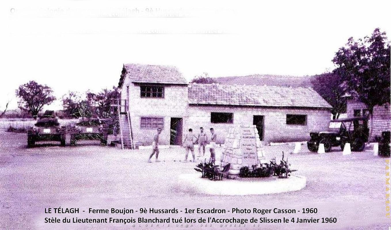 Le Telagh - Route de Bossuet - Ferme Boujon - 9e Hussards - 1er escadron - Stele Blanchard - 1960.jpg